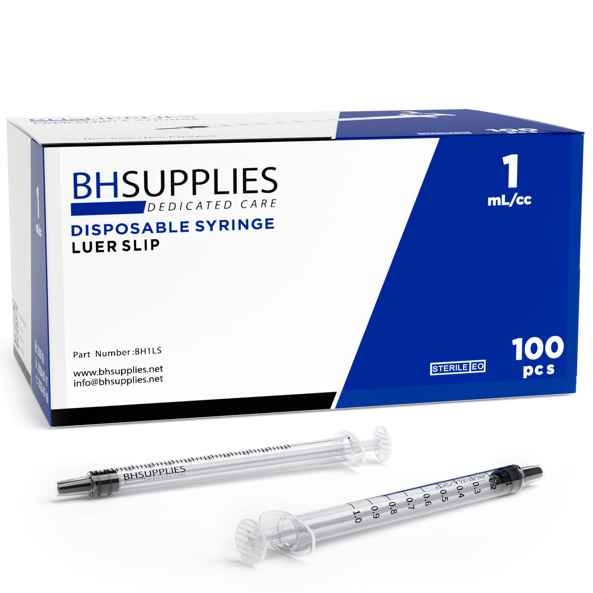 Bulk Case BH Supplies 1mL Sterile Luer Slip Syringes 24 Boxes of 100