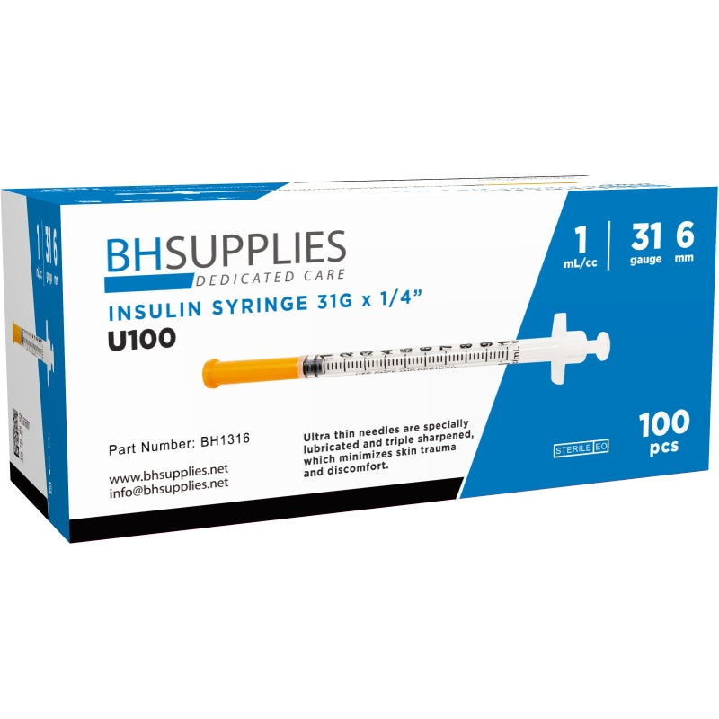 Bulk Case Insulin syringes 31G 1ml/cc 1/4" (6mm), 20 Boxes of 100 (20