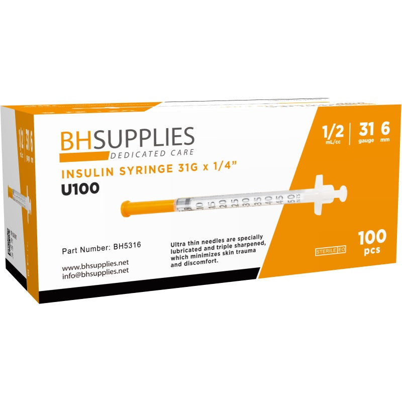 Bulk Case Insulin Syringes 31G 0.5ml/cc 1/4" (6mm), 20 Boxes of 100