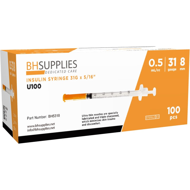 Bulk Case Insulin Syringes 31G 0.5ml/cc 5/16" (8mm), 20 Boxes of 100