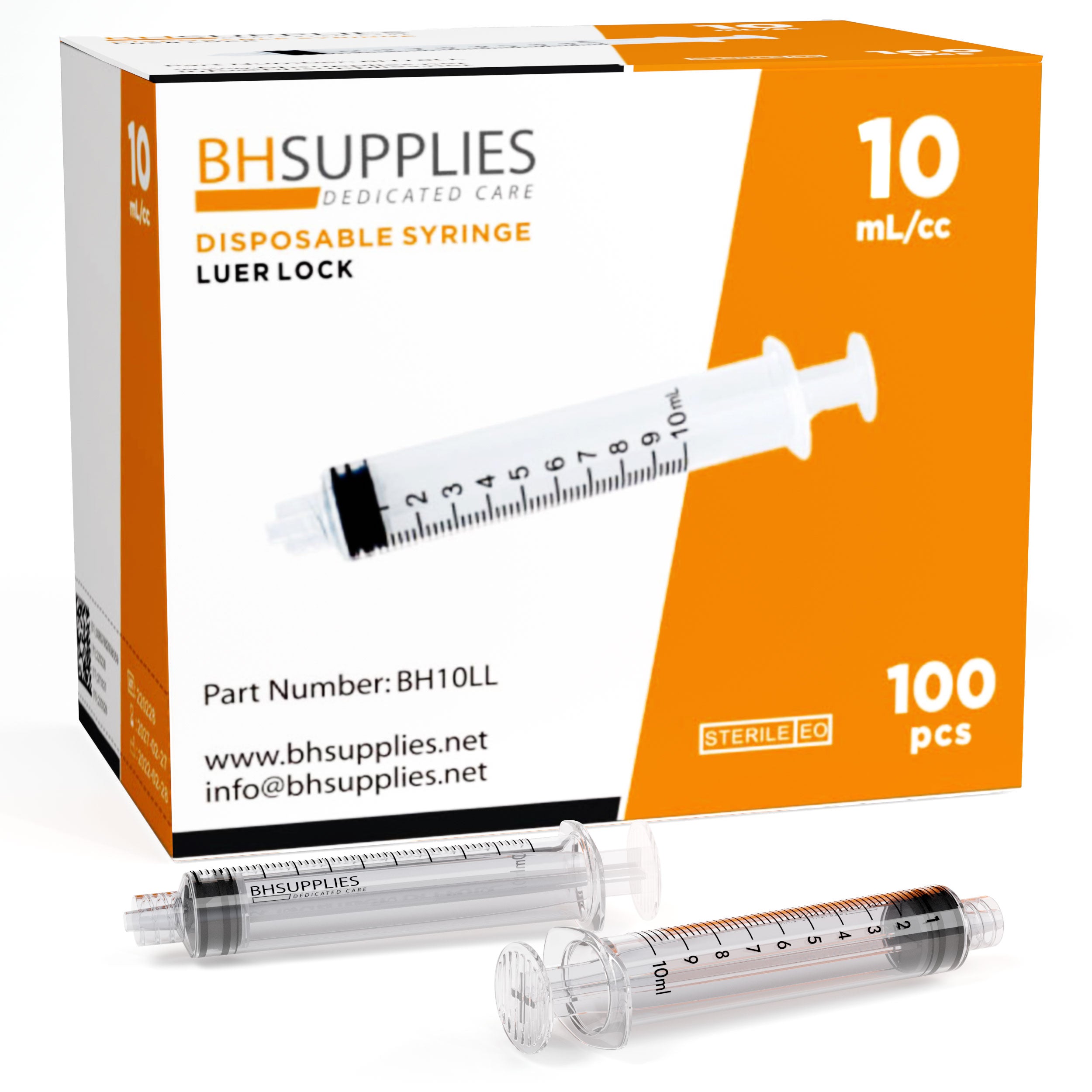 Bulk Case: BH Supplies 10mL Sterile Luer Lock Syringes: 16 Boxes of 100  (1600pcs)