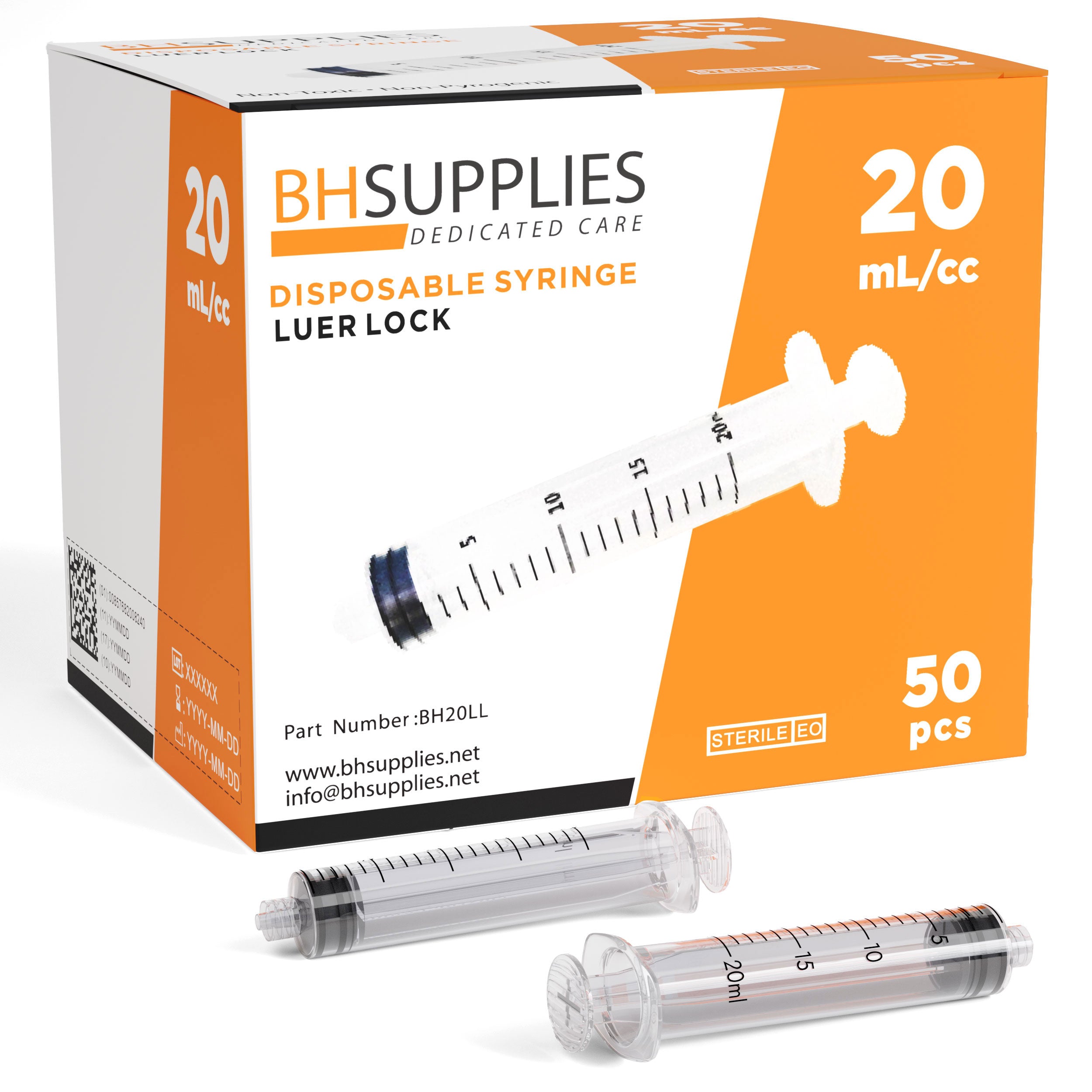 Bulk Case: BH Supplies 20ml Sterile Luer Lock Syringes: 12 Boxes of 50 (600pcs)