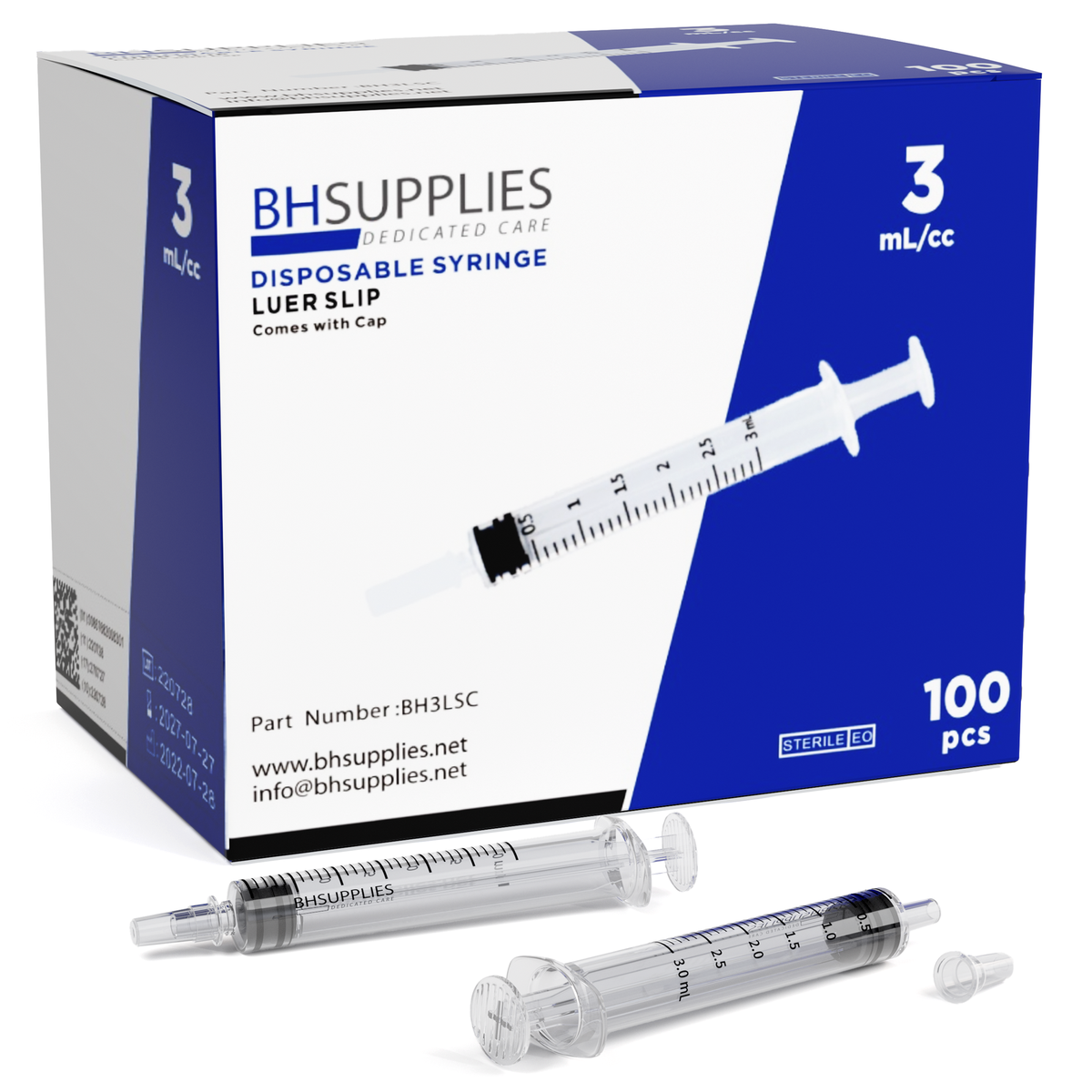 Bulk Case: BH Supplies 3mL Sterile Luer Slip Cap Syringes: 24 Boxes of ...