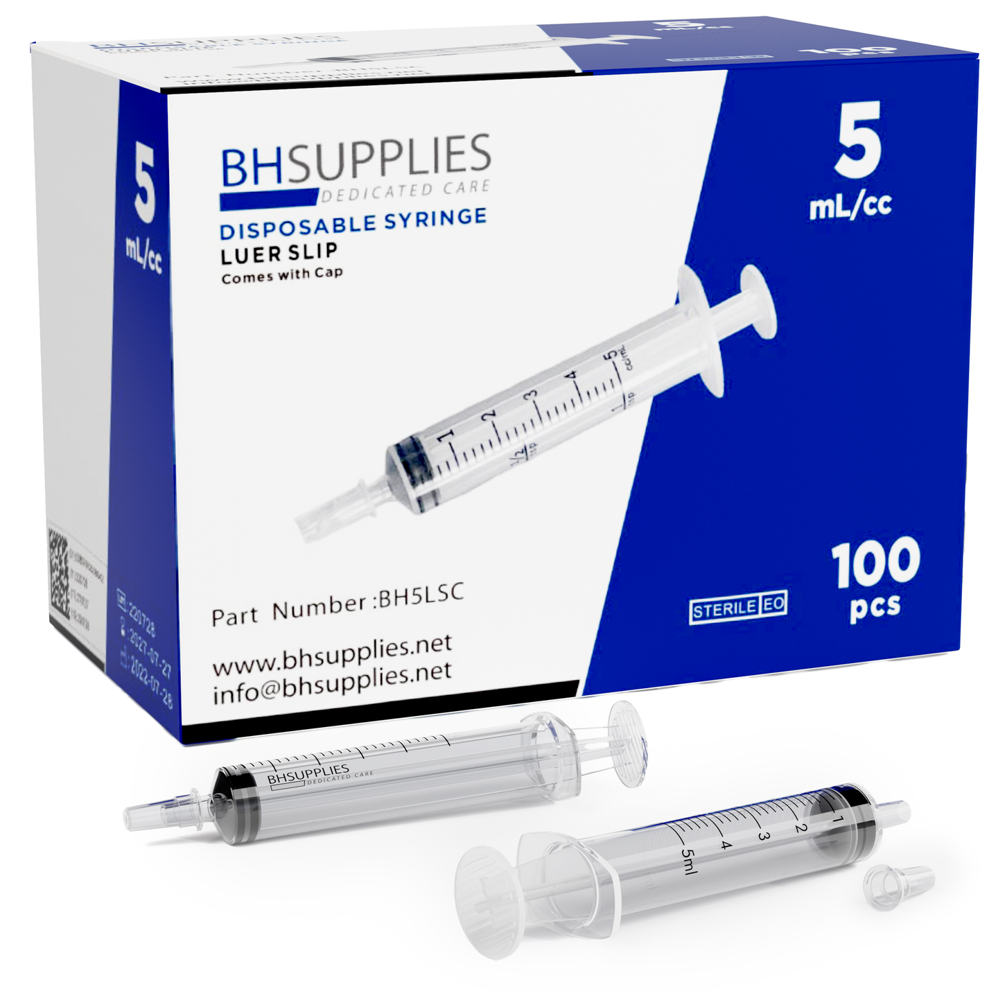 BH Supplies 5 mL Luer Slip Syringes with Cap (100 ct)