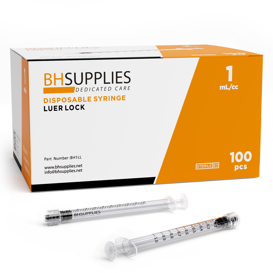Bulk Case: BH Supplies 1mL Sterile Luer Lock Syringes: 24 Boxes of 100  (2400pcs)