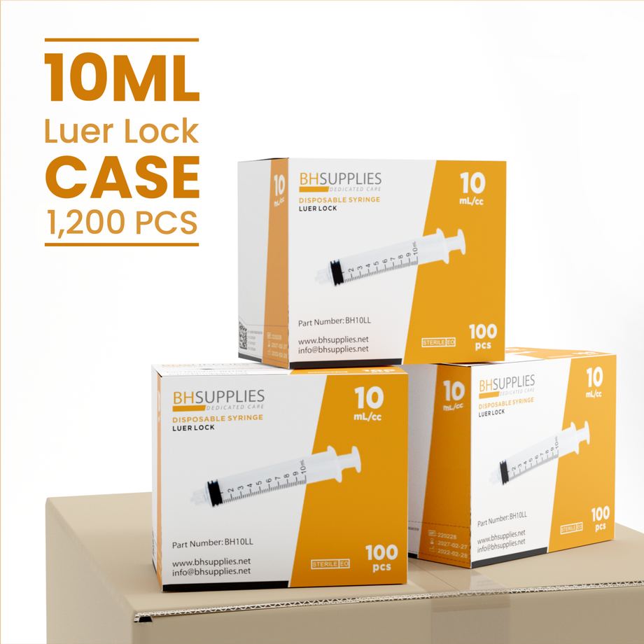 Bulk Case: 10mL Sterile Luer Lock Syringes: 12 Boxes of 100 (1200pcs)