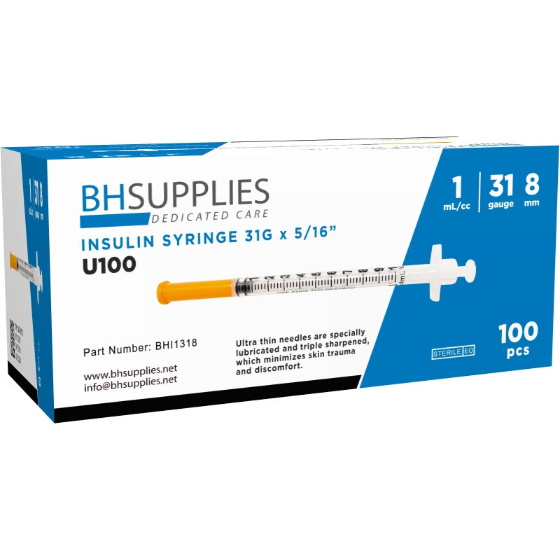 Bulk Case Insulin Syringes 31G 1ml/cc 5/16" (8mm), 20 Boxes of 100 (2 BH Supplies